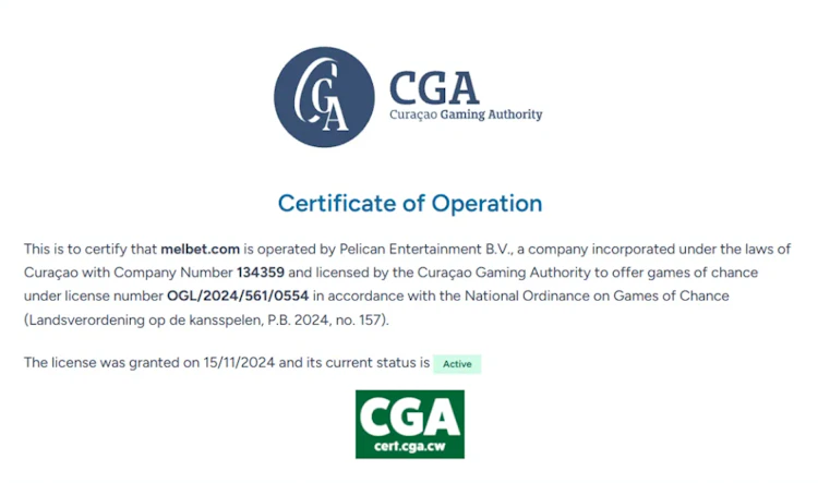 MelBet CGA Certificate of Operation showing license OGL/2024/561/0554 with active status