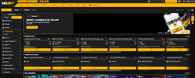 MelBet esports lobby showing CS2, Dota 2 and League of Legends markets