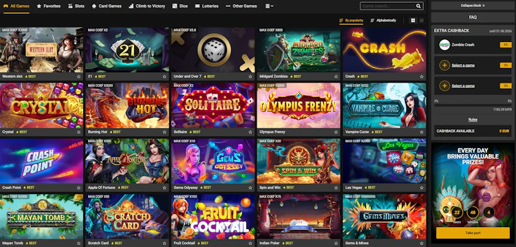 MelBet Fast Games lobby with instant win games and extra cashback panel