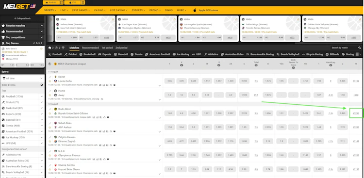MelBet football section showing 1,736 events and Champions League markets
