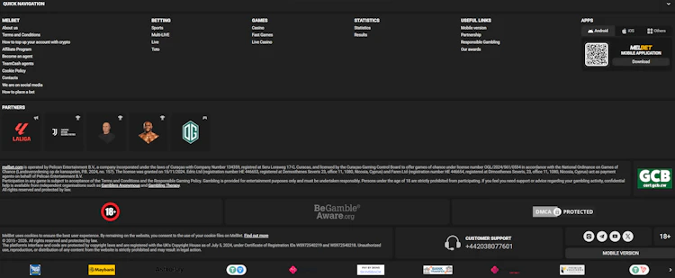 MelBet footer showing licensing details, partners and payment methods