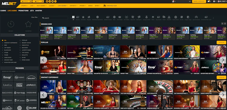 MelBet live casino lobby showing Evolution, Playtech and Winfinity tables
