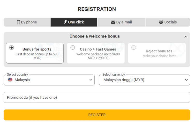 MelBet one-click registration form for Malaysian players