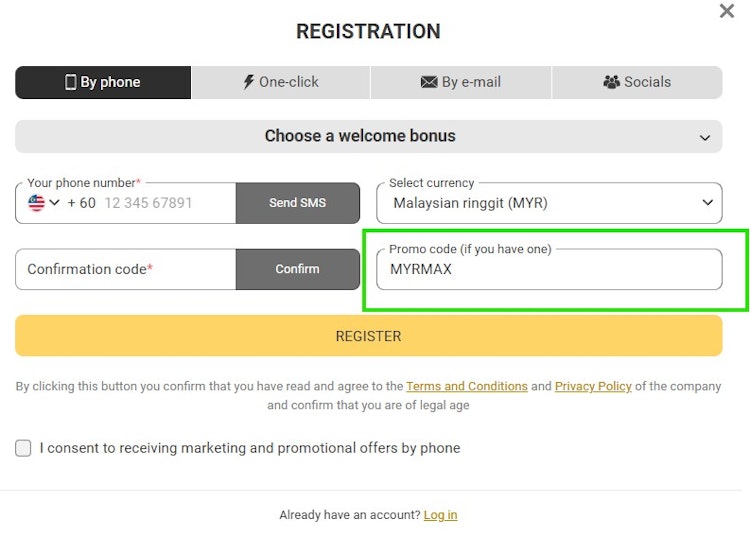 MelBet Promo Code Box in the registration field