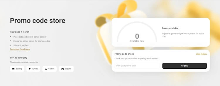 MelBet promo code store with points balance, category filters and the promo code check field
