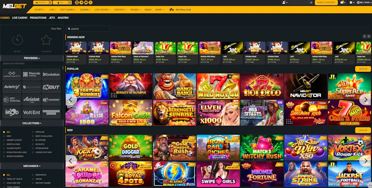 MelBet casino lobby showing slot providers and popular games