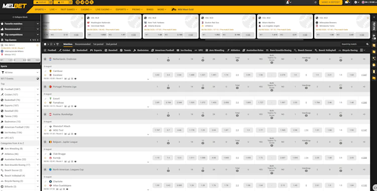 MelBet sportsbook showing 9,017 pre-match events across all sports