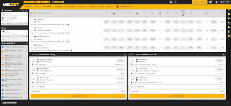 MelBet sportsbook showing 9,295 events with UEFA Europa League fixtures and the Accumulator of the Day