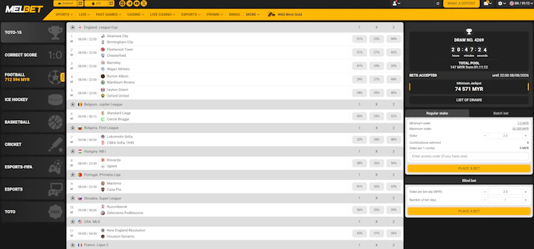 MelBet Toto section showing TOTO-15 draw with jackpot pools