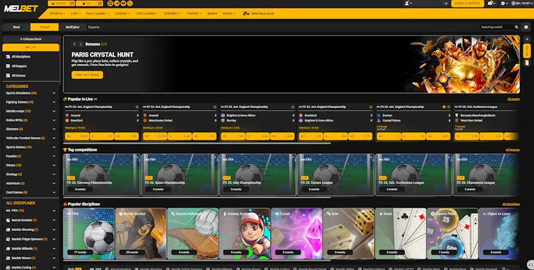 MelBet virtual sports lobby showing FIFA, Mortal Kombat and marble racing