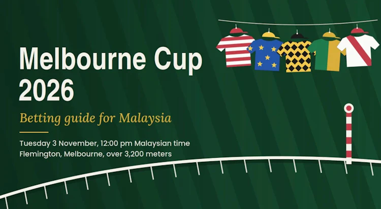 Colorful jockey silks hanging above a racetrack rail and red and white winning post, promoting the 2026 Melbourne Cup
