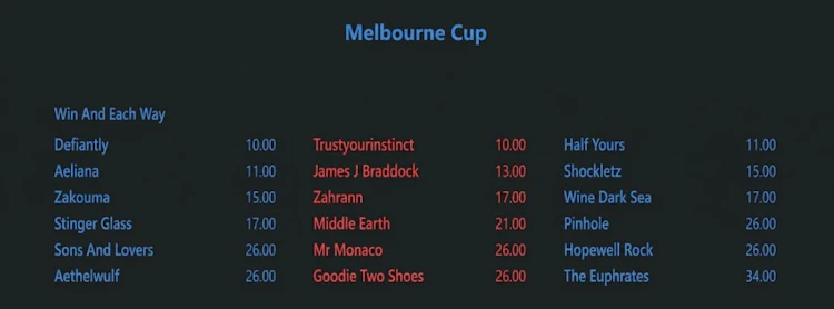 Melbourne Cup 2026 Win and Each Way betting board listing Defiantly, Trustyourinstinct and Half Yours at the top