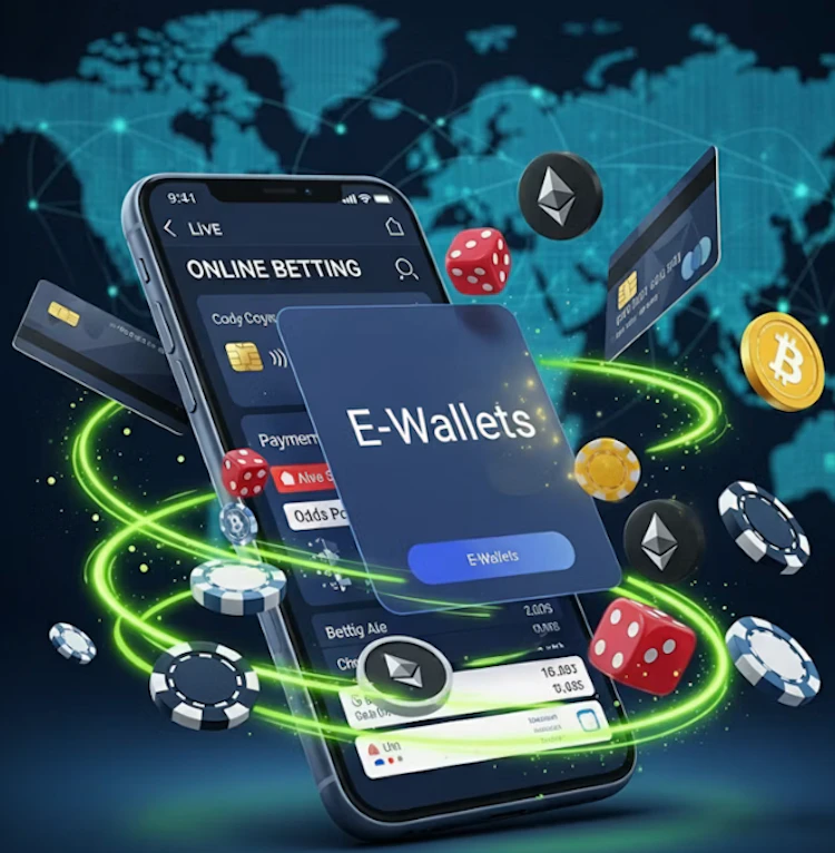 Smartphone displaying an online betting app surrounded by floating credit cards, poker chips, red dice, crypto tokens, and highlighting an e-wallet