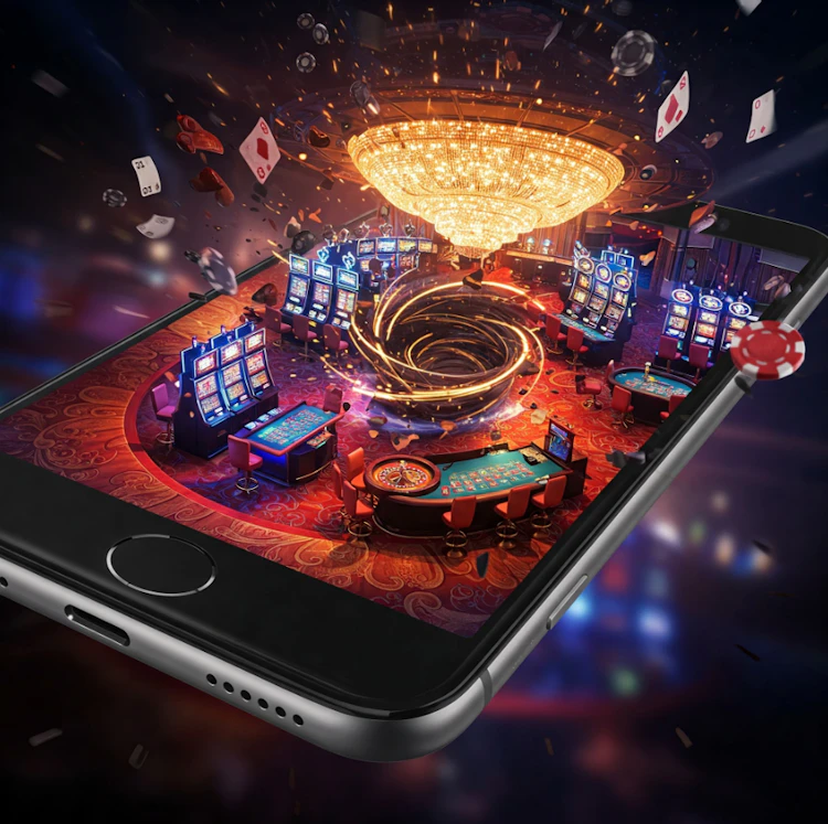 Mobile phone displaying a virtual casino floor with slot machines and roulette table