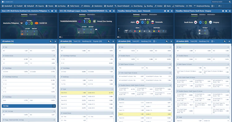 1xBet Multi-LIVE screen running Dota 2, CS2 and two national team football friendlies side by side