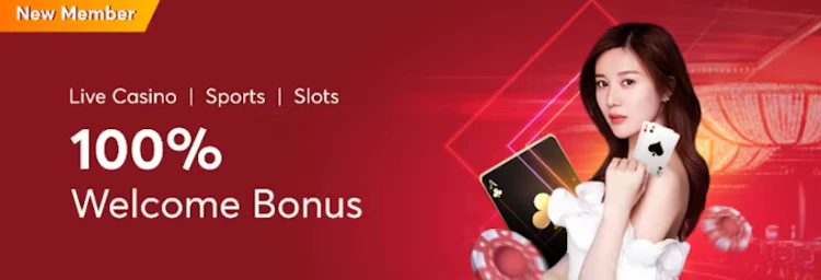 Promotional banner featuring a woman holding playing cards next to a 100 percent New Member Welcome Bonus offer for live casino, sports, and slots