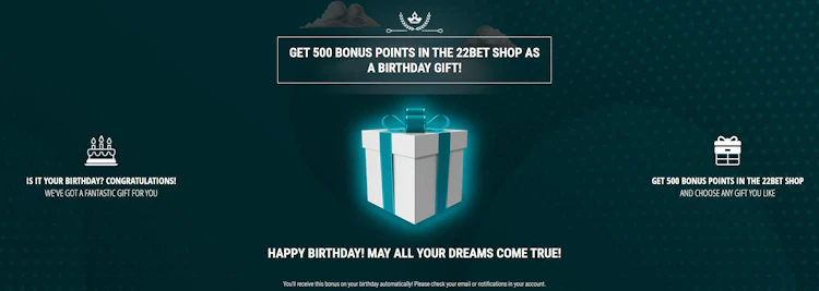 22Bet birthday bonus of 500 shop points