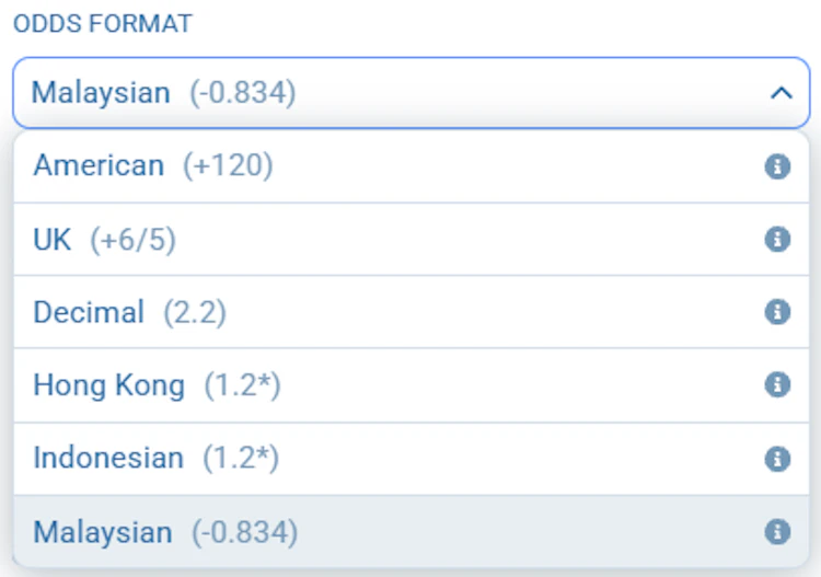 Odds format dropdown listing American, UK, Decimal, Hong Kong, Indonesian and Malaysian with one price shown in each
