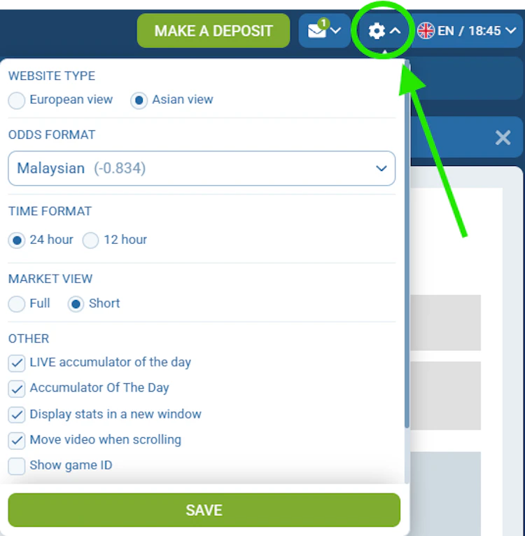Sportsbook settings panel with Asian view, Malaysian odds format, 24-hour time, short market view and extra display options