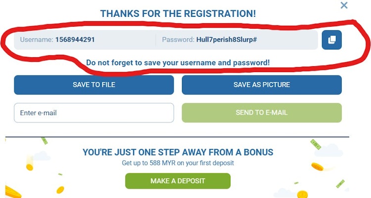 1xBet One Click Registration in Malaysia - Remember to Save Username and Password