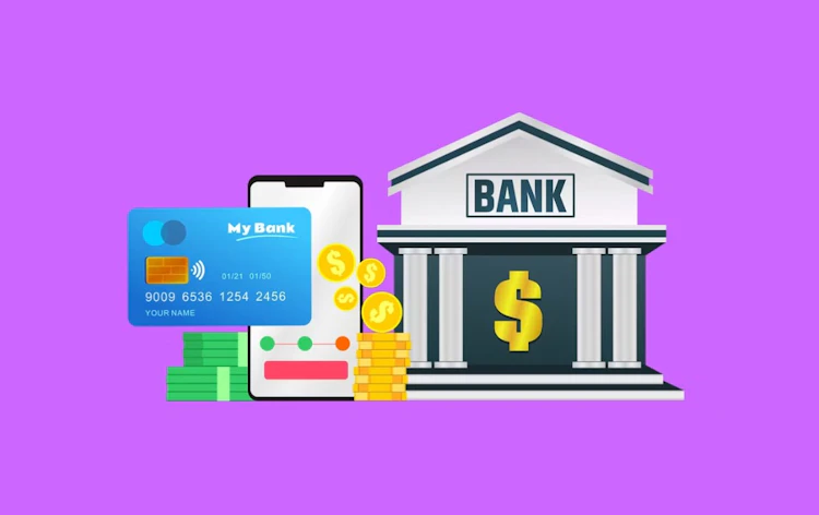 Illustration of a bank, a payment card and a mobile phone representing online banking in Malaysia
