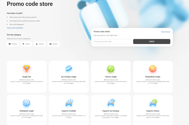 The promo code store page with free bet codes for singles, accumulators and esports