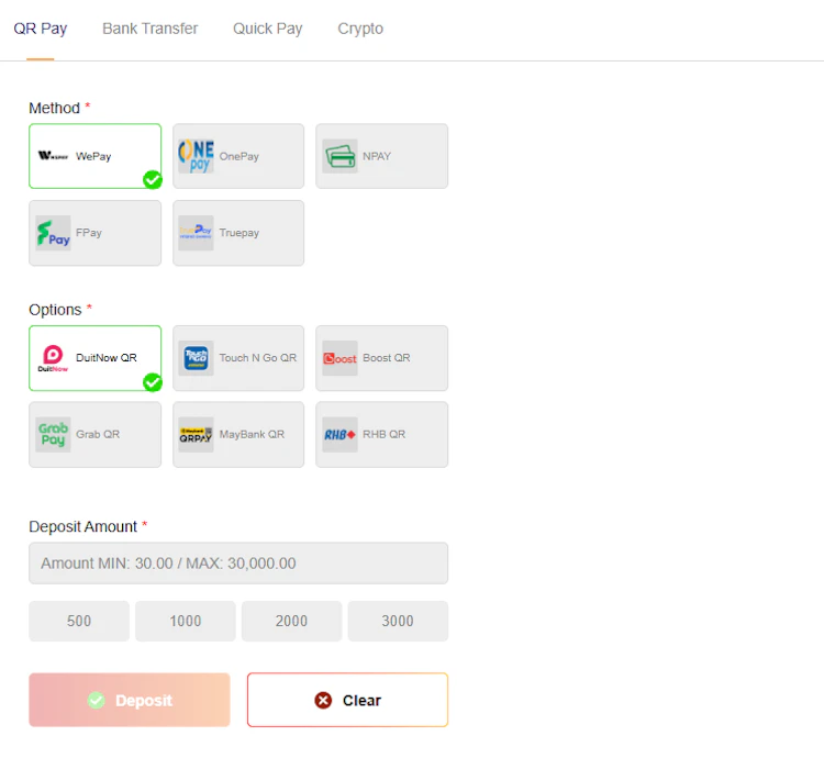 QR Pay deposit screen in the app displays DuitNow QR, Touch n Go QR, Boost QR, GrabPay, Maybank QRPay and RHB QR