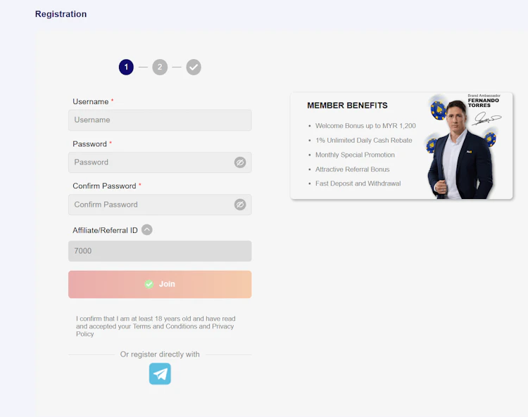 AW8 app registration screen with username, password and Affiliate ID fields plus the member benefits panel