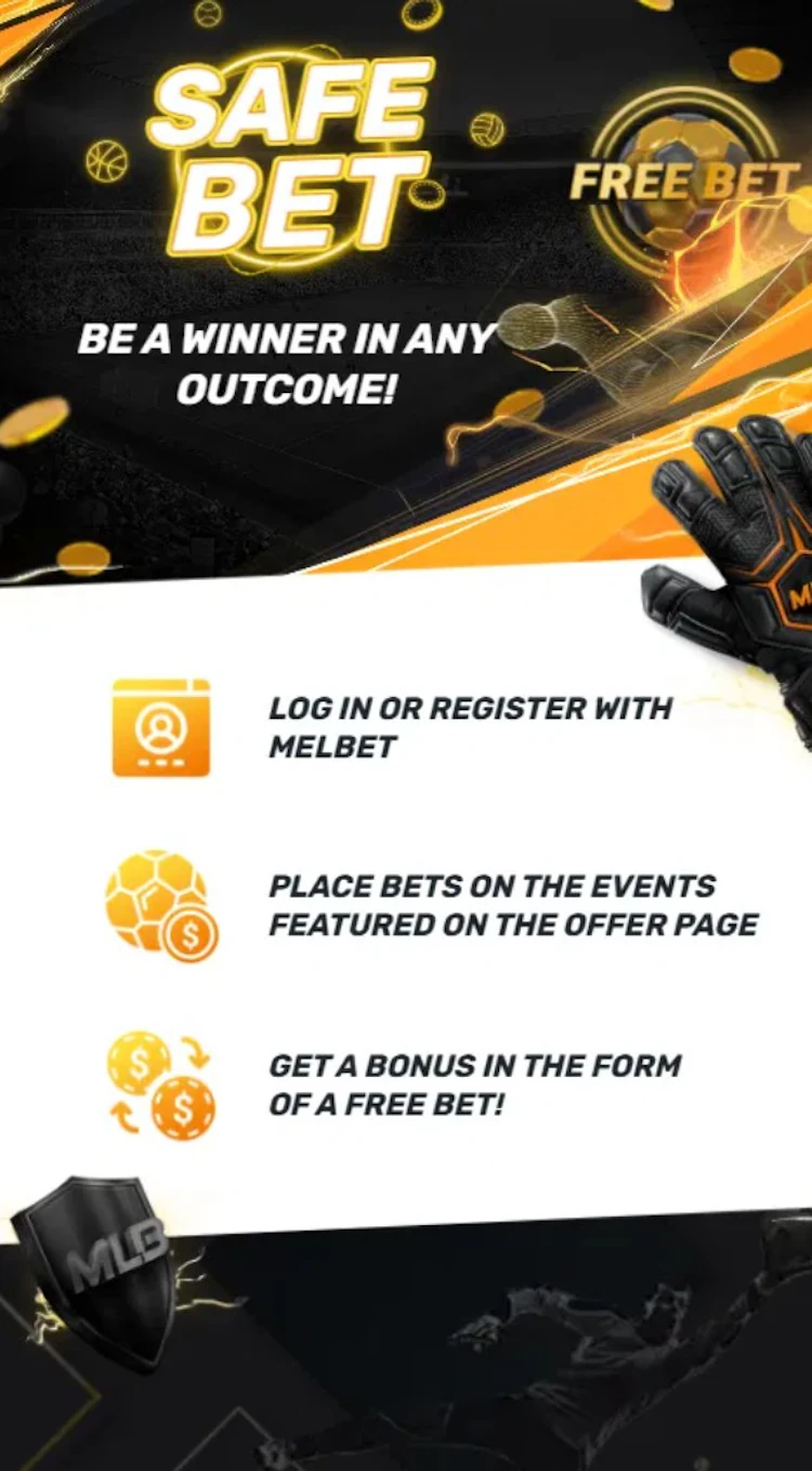 MelBet Safe Bet promotion showing how to claim a free bet on correct score markets