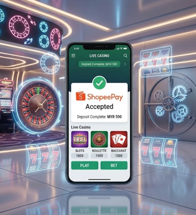 A smartphone showing a successful ShopeePay deposit screen surrounded by glowing digital casino roulette wheel and slot machine graphics
