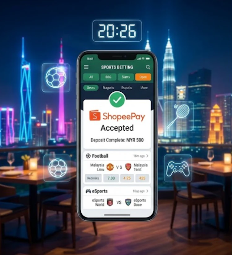A mobile smartphone against the Kuala Lumpur skyline displaying a ShopeePay "Deposit Complete" notification for a sports betting account