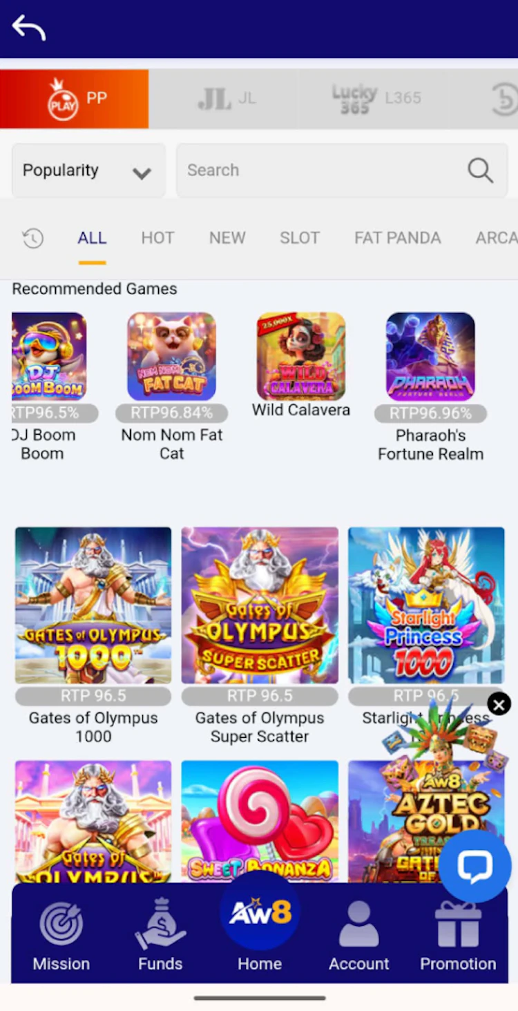 Slots in the AW8 app showing Pragmatic Play games with RTP percentages displayed on the slots
