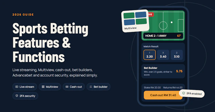 Sportsbook app illustration with a live match stream, odds, a bet builder and a cash-out button