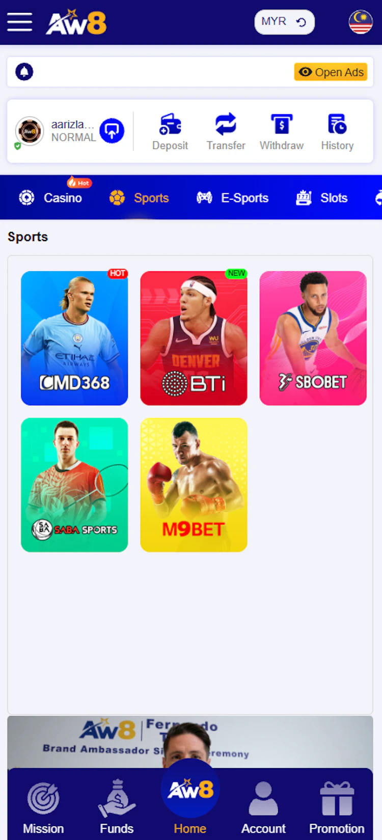Sports lobby overview in the app showing CMD368, BTi, SBOBET, SABA Sports and M9BET