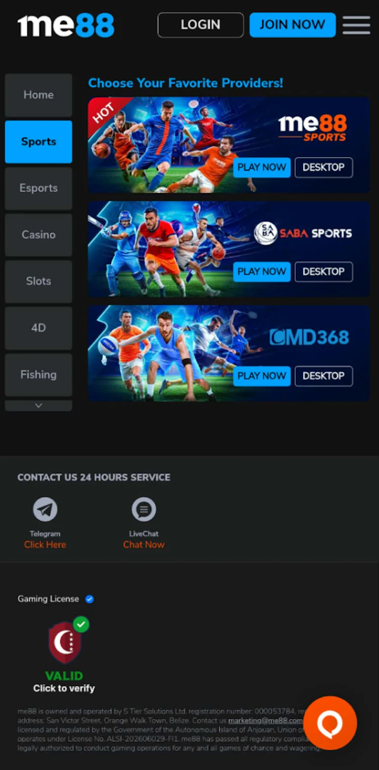 Sports tab in the me88 App listing me88 Sports, SABA Sports and CMD368