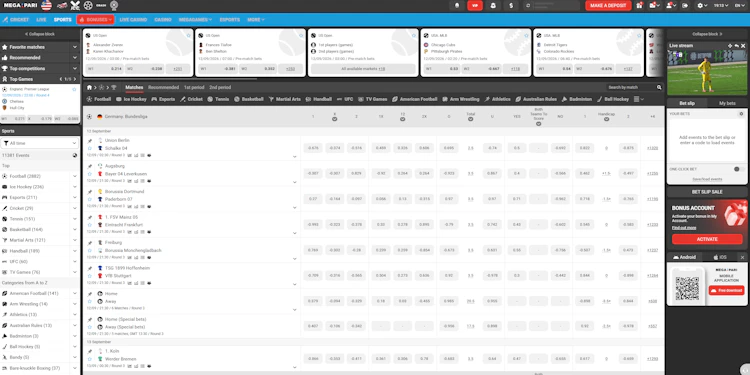 Overview of the sportsbook on desktop which displays Bundesliga markets in Malay odds with a live stream panel