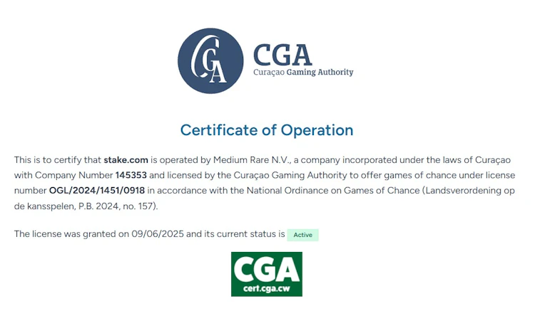 Stake active Curaçao Gaming Authority license certificate OGL/2024/1451/0918