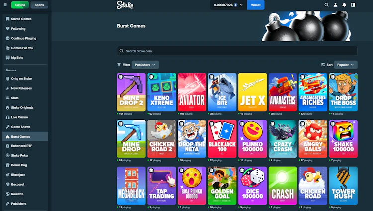 Stake burst games section with Aviator, JetX and other crash games