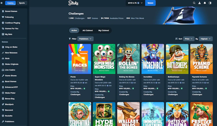 Stake challenges page shown in MYR with active prizes for Malaysian players