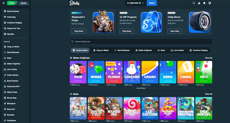 Stake Malaysia casino lobby with Stake Originals and live player counts