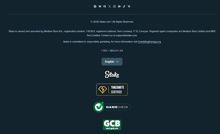 Stake footer showing company details, certification seals and support contact