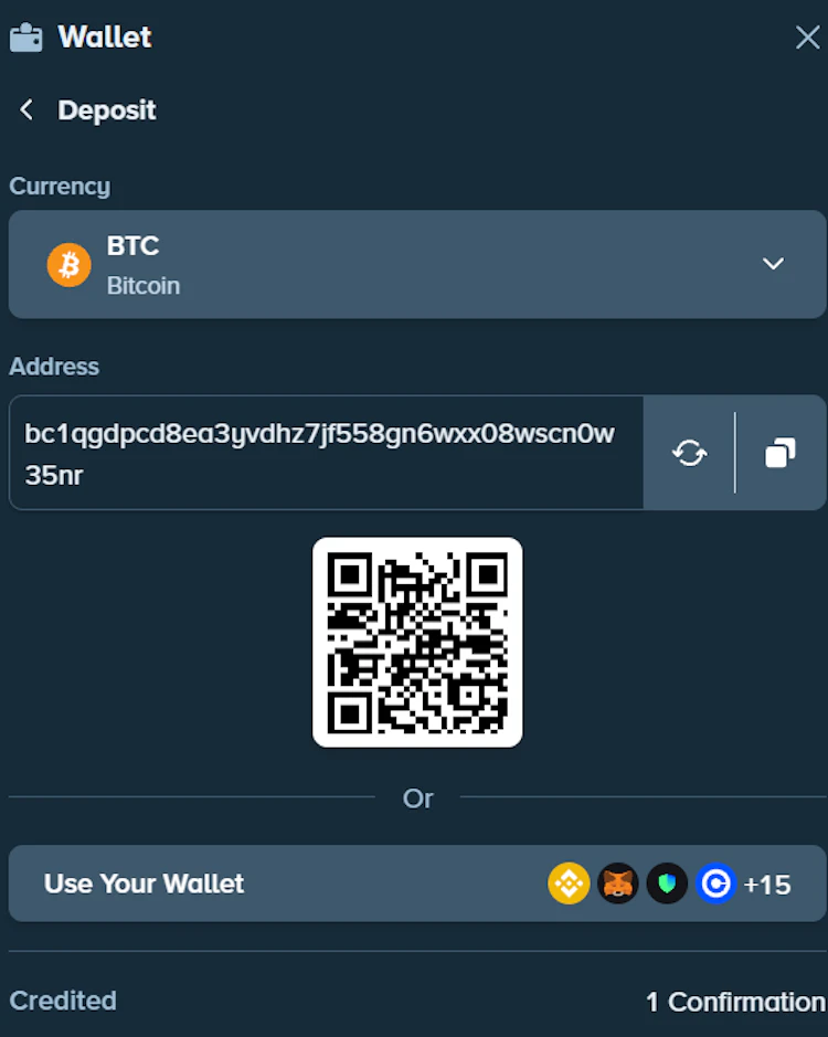 Stake Bitcoin deposit screen with address, QR code and wallet connection