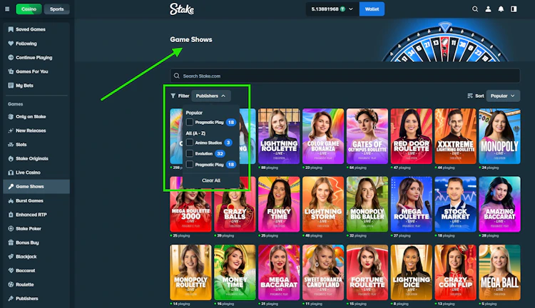 Stake game show lobby with provider filter showing Evolution and Pragmatic Play