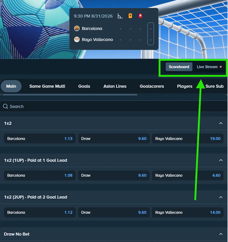 Stake live stream option on a football match page next to live markets