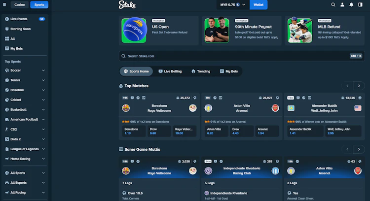 Stake sportsbook lobby with live events, top matches and Same Game Multis