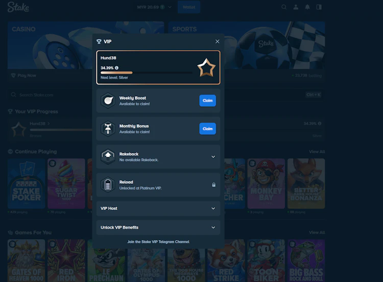Claiming the Stake weekly boost and monthly bonus from the VIP panel