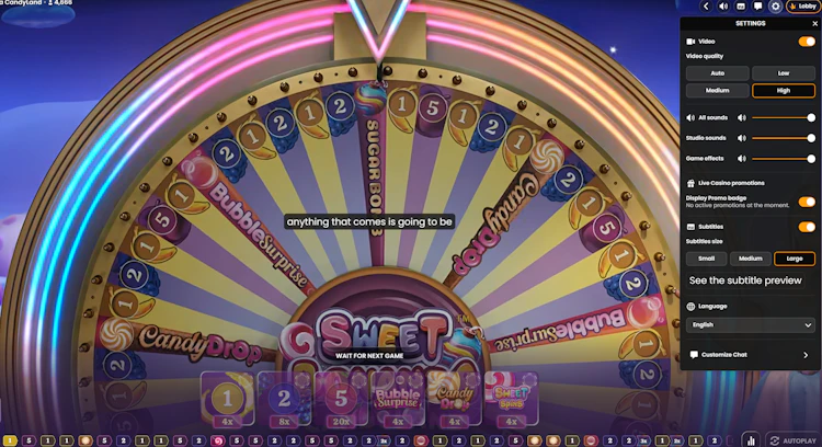 Sweet Bonanza CandyLand live game on AW8 with settings panel open