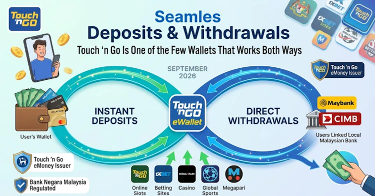 Diagram mapping two-way Touch 'n Go eWallet transactions showing instant deposits to sportsbooks and direct payouts returning to linked Malaysian bank accounts