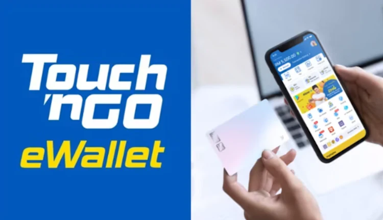 Touch 'n Go eWallet logo beside hands holding a smartphone displaying an account balance of RM 5,500 and a payment card
