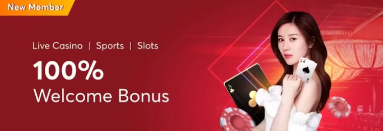 UEA8 100% welcome bonus banner covering live casino, sports and slot